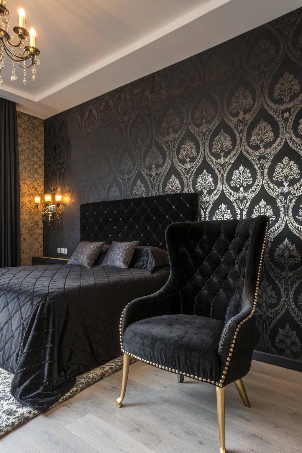 Intricate patterns on black walls add a touch of luxury and sophistication. #WallArt #HomeDesign ✨