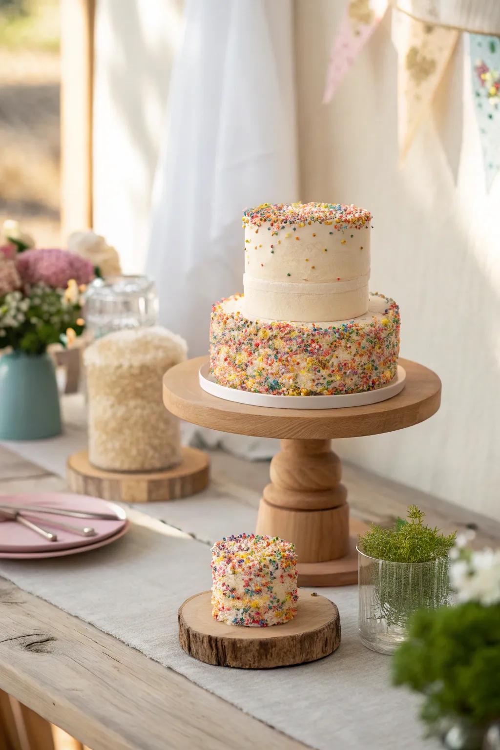 A two-tier sprinkle cake makes a bold statement and is perfect for bigger celebrations! #CakeGoals #PartyTime