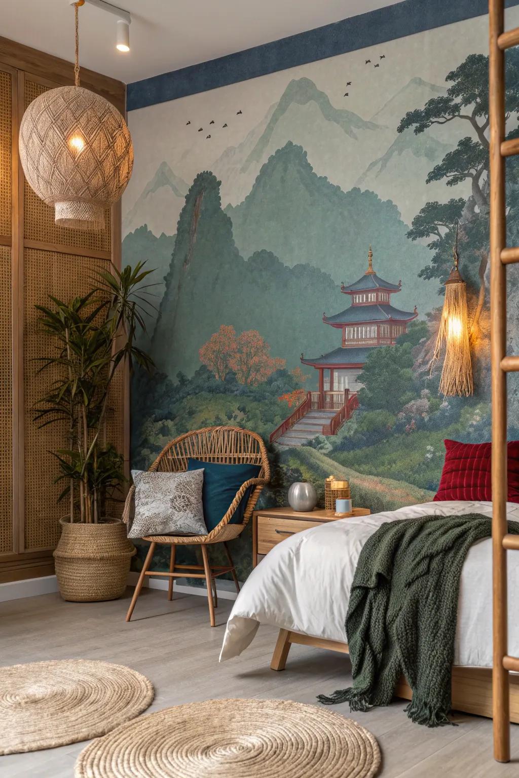 Travel the world from your room with a mural that captures the beauty of global cultures. #CulturalInspiration #TravelFromHome #WorldlyDesign