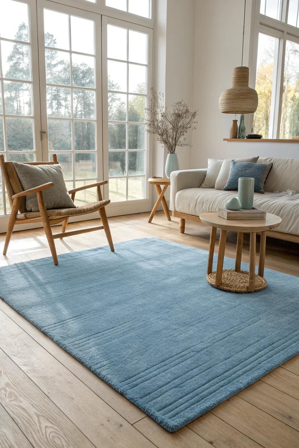 Achieve a warm and inviting atmosphere by blending blue rugs with rich wooden elements.