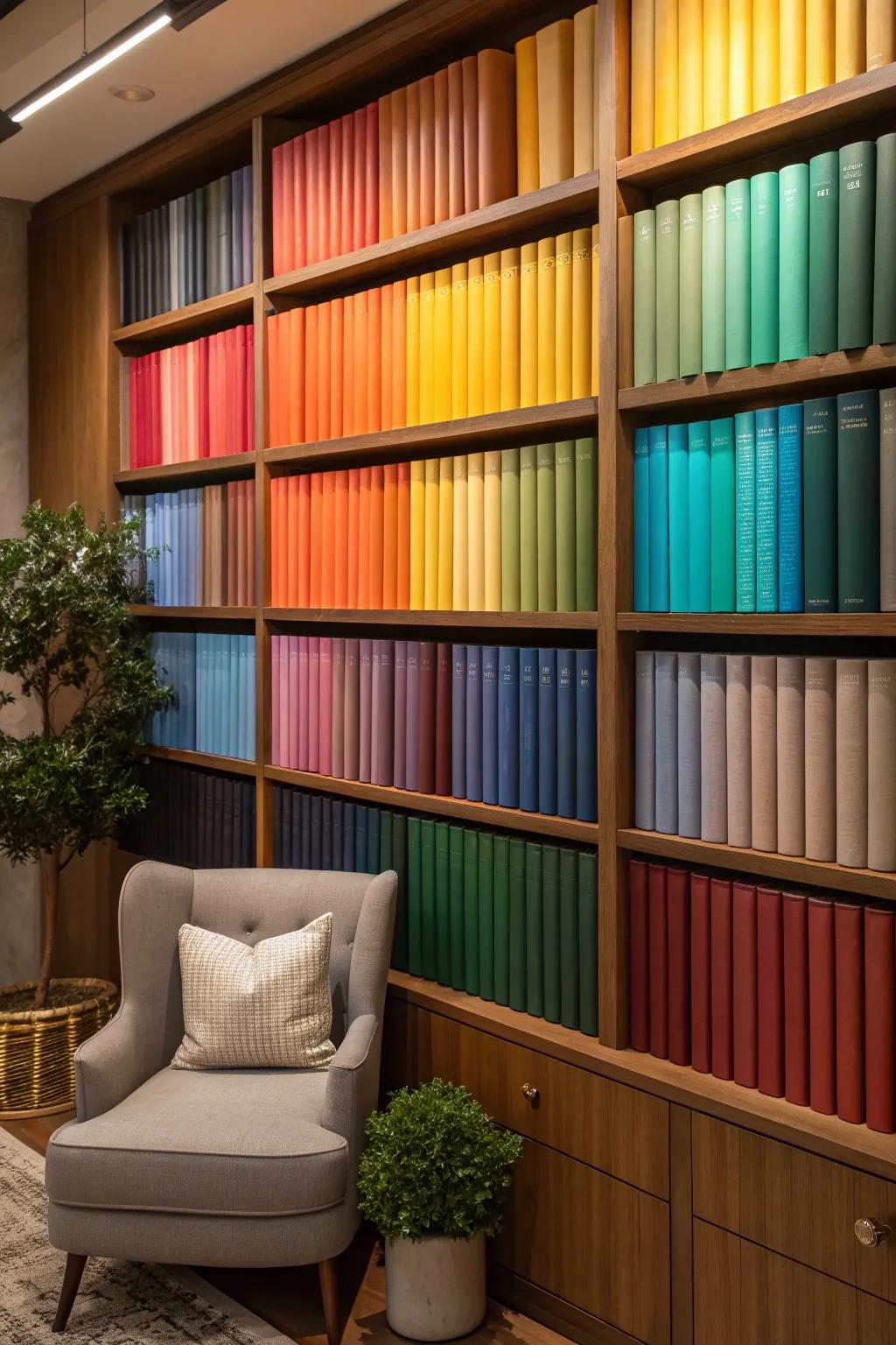 Add a splash of color to your space with a color-coordinated bookshelf display.