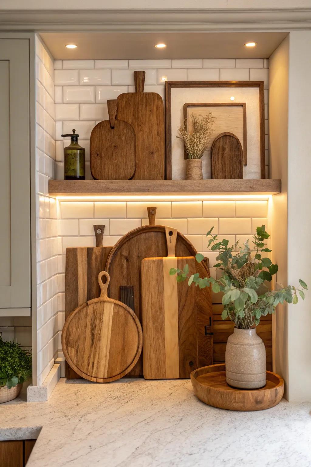 Use a wall niche for a creative display of cutting boards, adding depth to your kitchen design. #CreativeSpaces #HomeDesign #NicheDecor