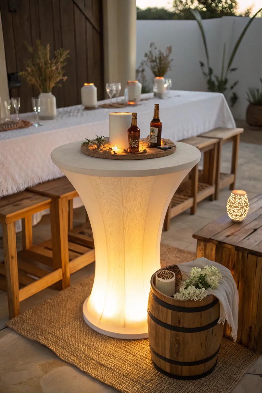 LED lighting sets the perfect mood, casting a cozy glow over your drink table.