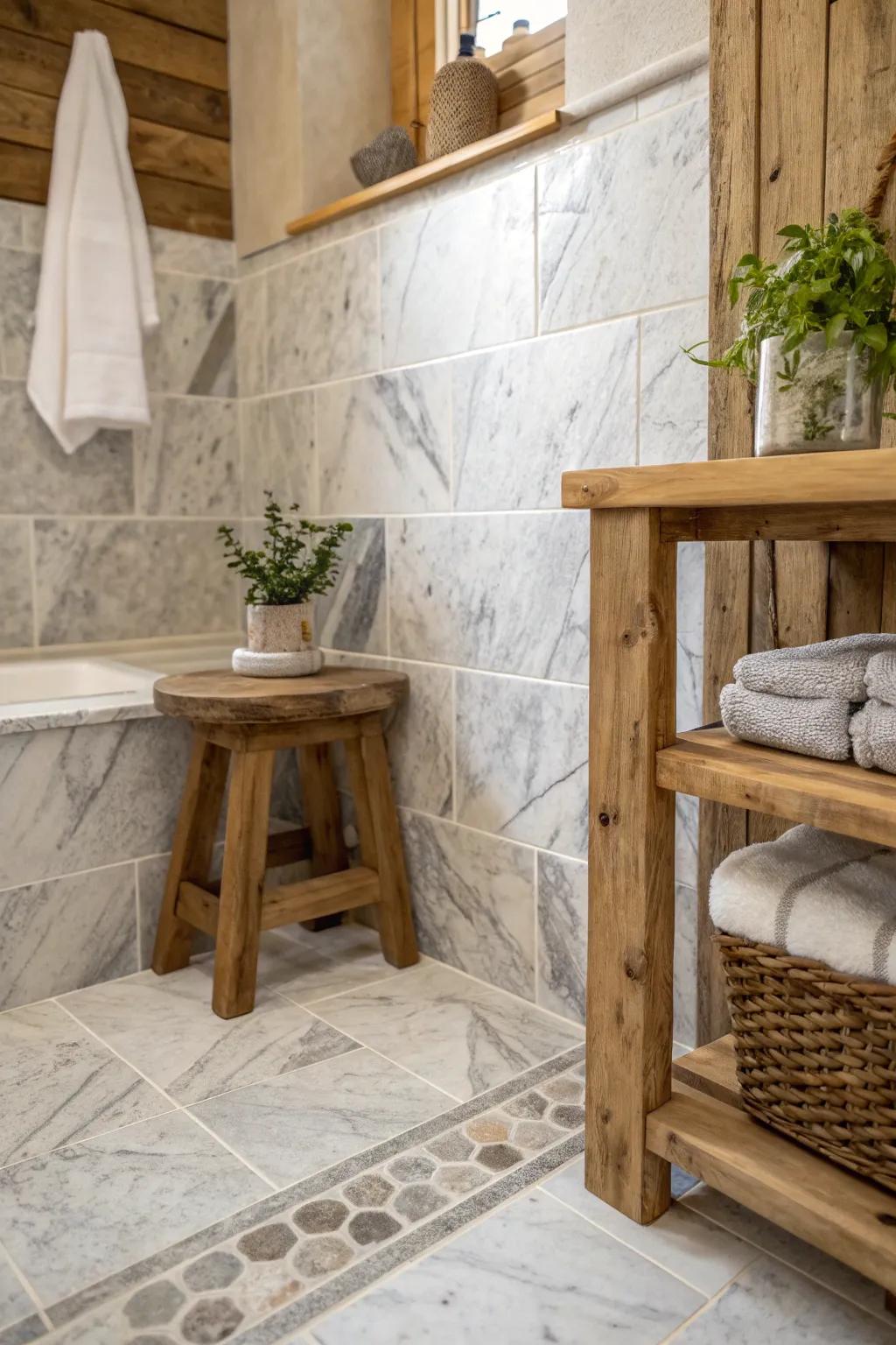 Elevate your bathroom with the timeless elegance of marble tiles. 🏡 #MarbleBeauty #FarmhouseElegance #BathroomGoals