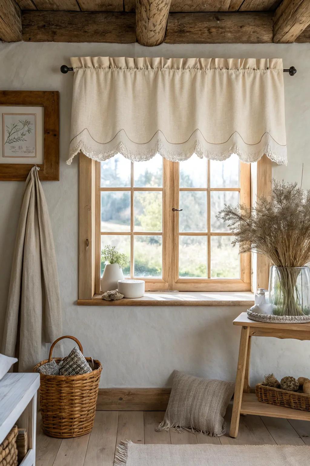 Scalloped valances add whimsical charm to your windows, enhancing any farmhouse decor. 🌼 #ScallopedValances #FarmhouseDecor