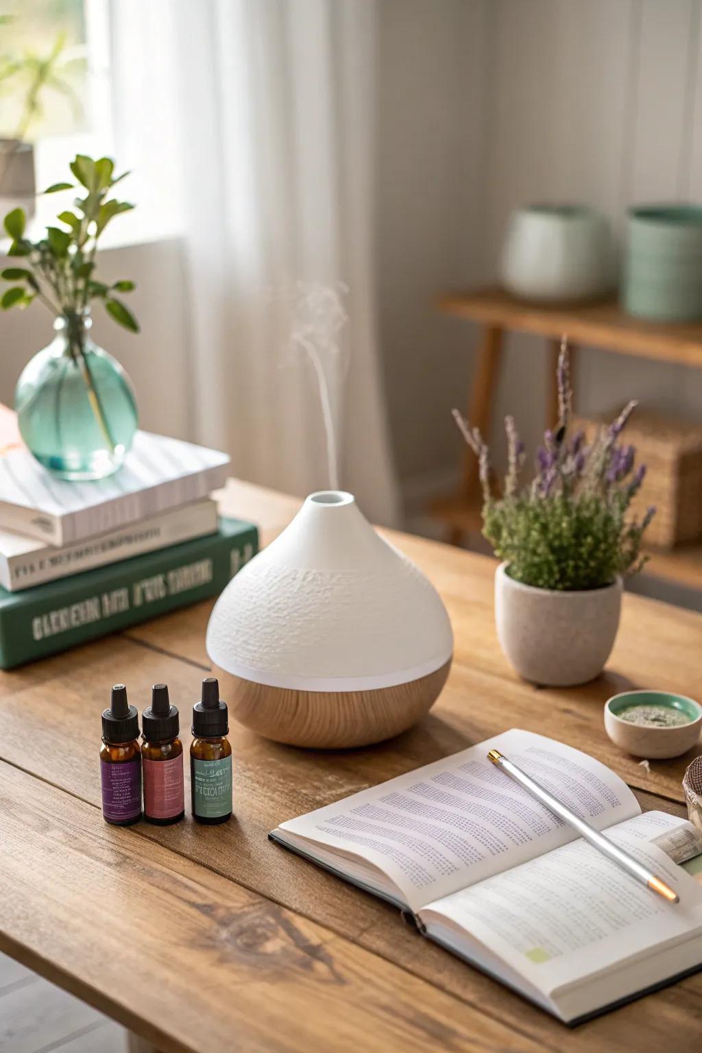 Create a serene atmosphere with an aromatherapy diffuser, perfect for stress relief.