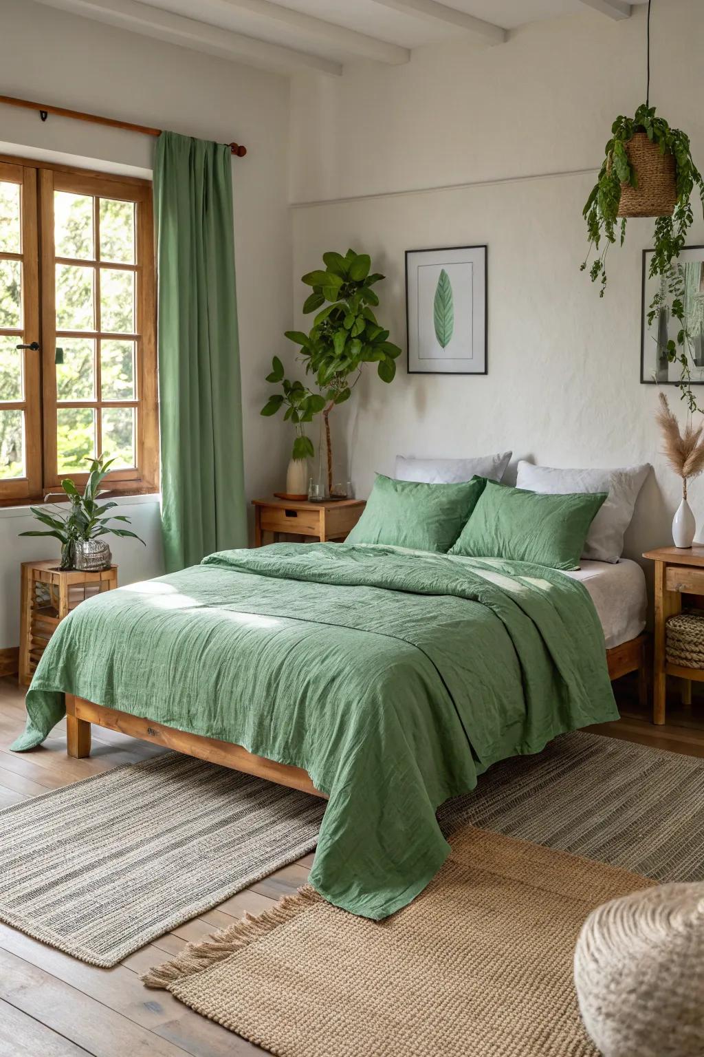Eco-friendly green fabrics offer both style and sustainability. 🌿 #EcoDecor #GreenBedroom #SustainableLiving