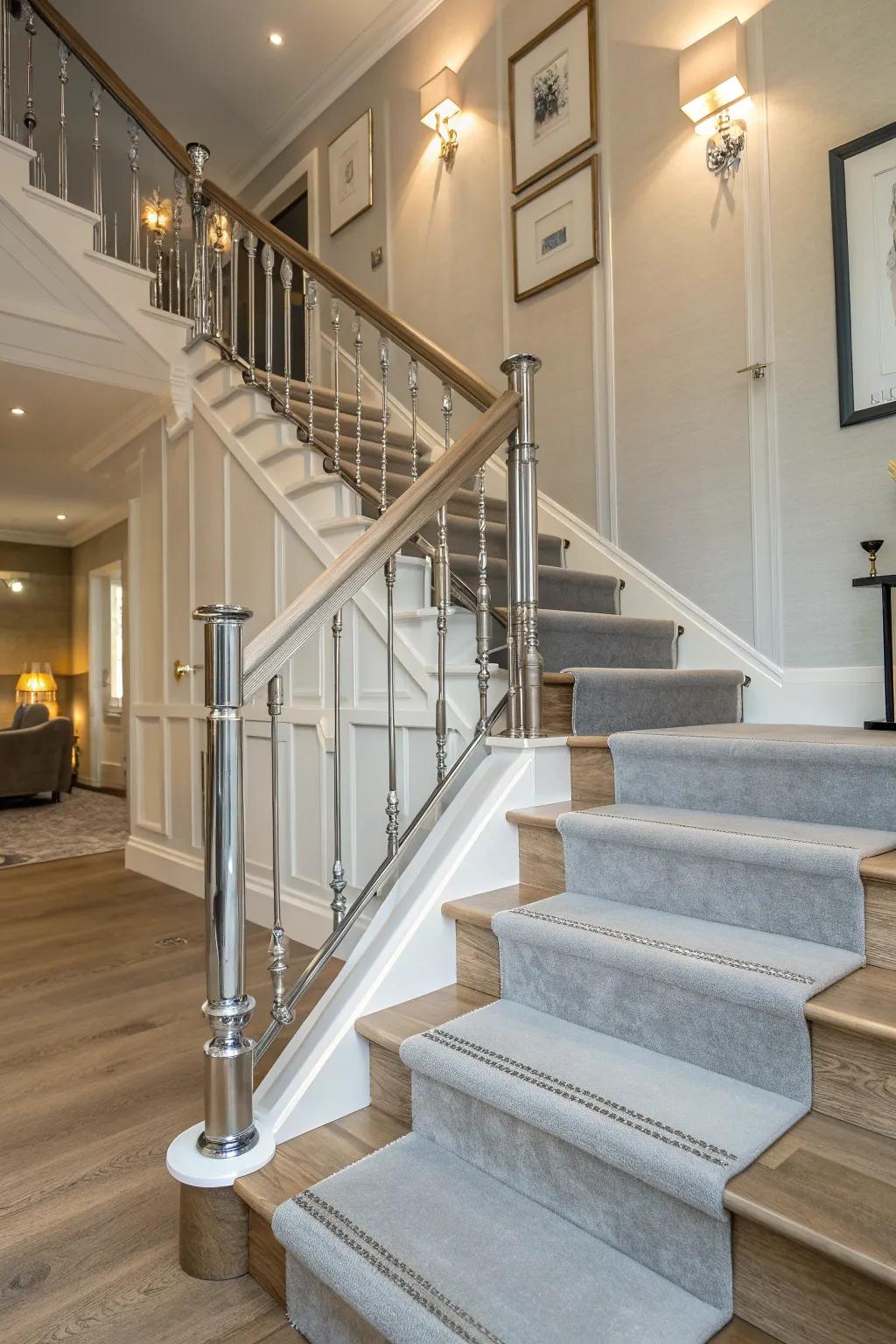Elevate your staircase with metallic touches for a luxurious and modern feel.