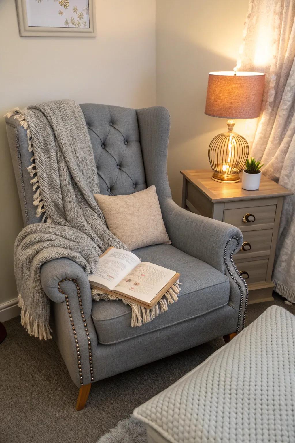 Create your own cozy retreat within your grey bedroom for ultimate relaxation. #ReadingNook #InteriorInspiration
