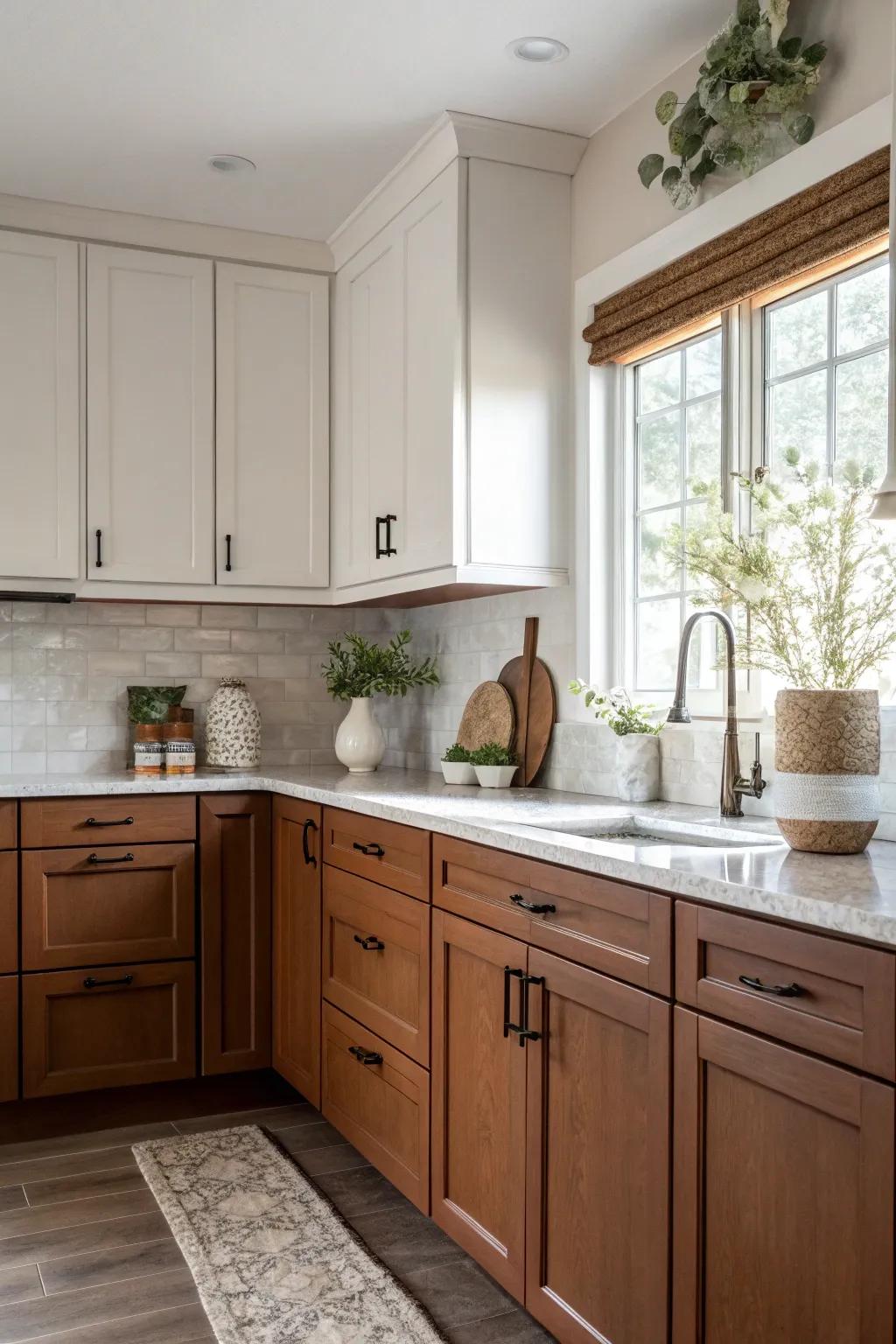 Create a balanced and stylish look with two-tone cabinetry in your kitchen. ⚪️ #KitchenDesign #HomeInspiration
