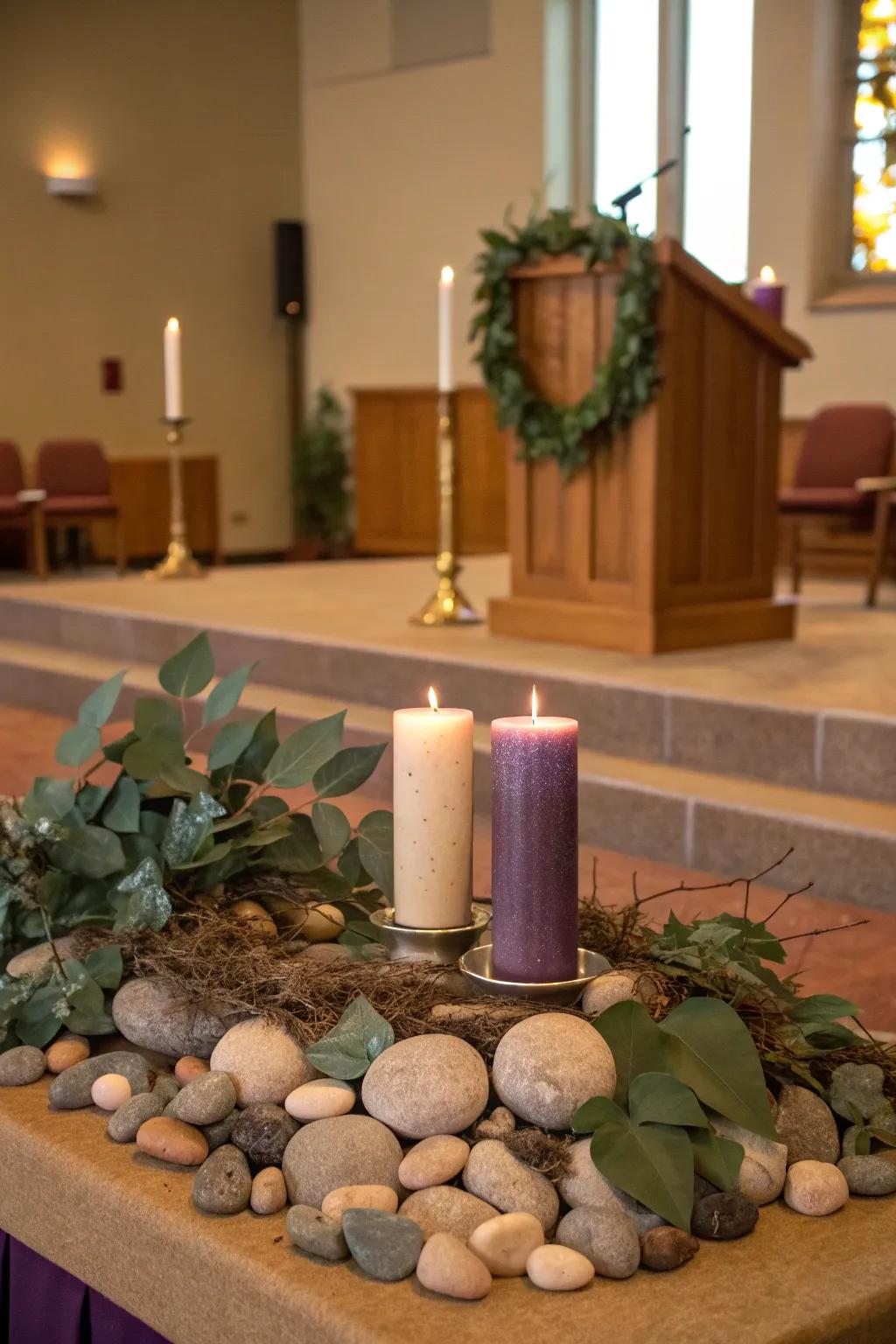 An altar centerpiece with rocks and candles brings natural harmony to Lent worship. 🕯️ #Altardecor #LentInspiration