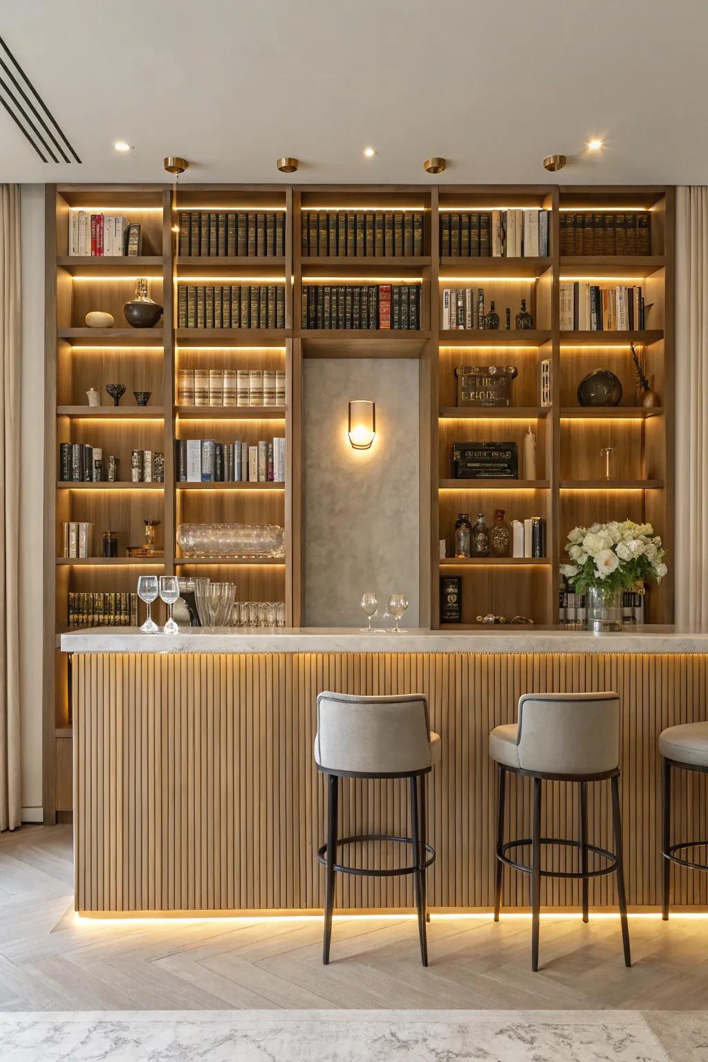 Elevate your reading experience with a library wall that seamlessly integrates a chic bar for ultimate relaxation.