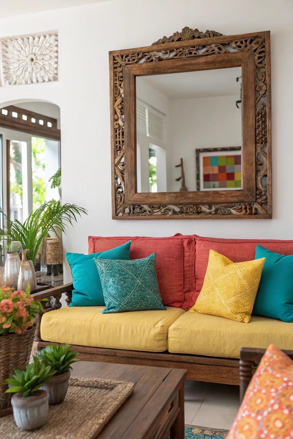 Bring rustic charm with a distressed frame mirror that adds warmth. #RusticDecor #VintageVibes