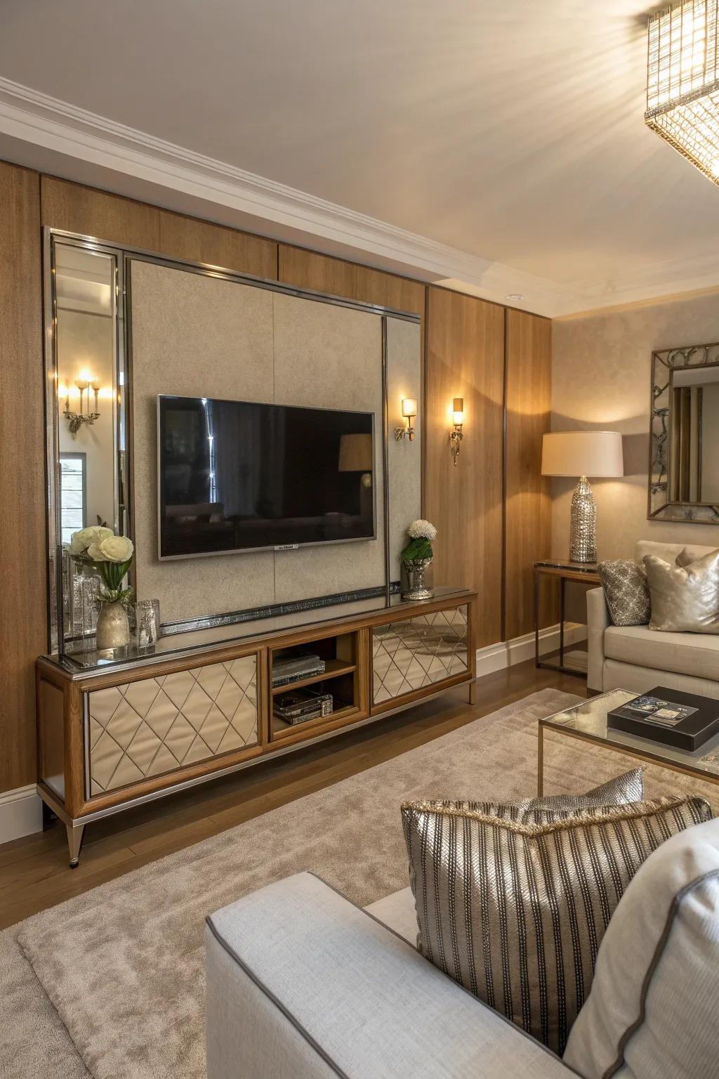 Mirrors cleverly conceal your TV, enhancing the room's ambience. 🪞 #SmartDesign #ReflectiveDecor #ModernLiving