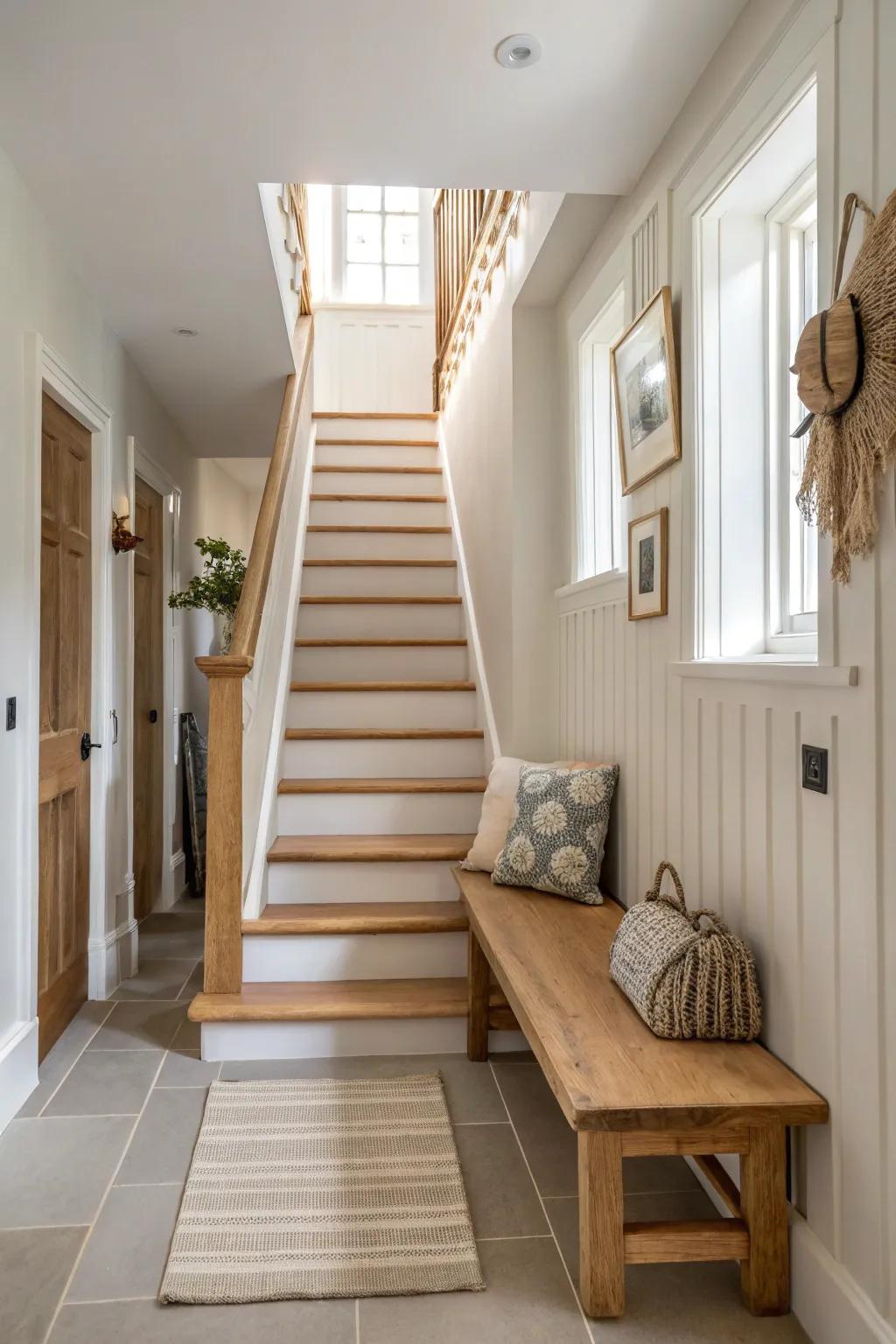 Functional decor at staircase bases adds utility and charm. 🪑 #FunctionalArt #HomeOrganization #DecorInspo