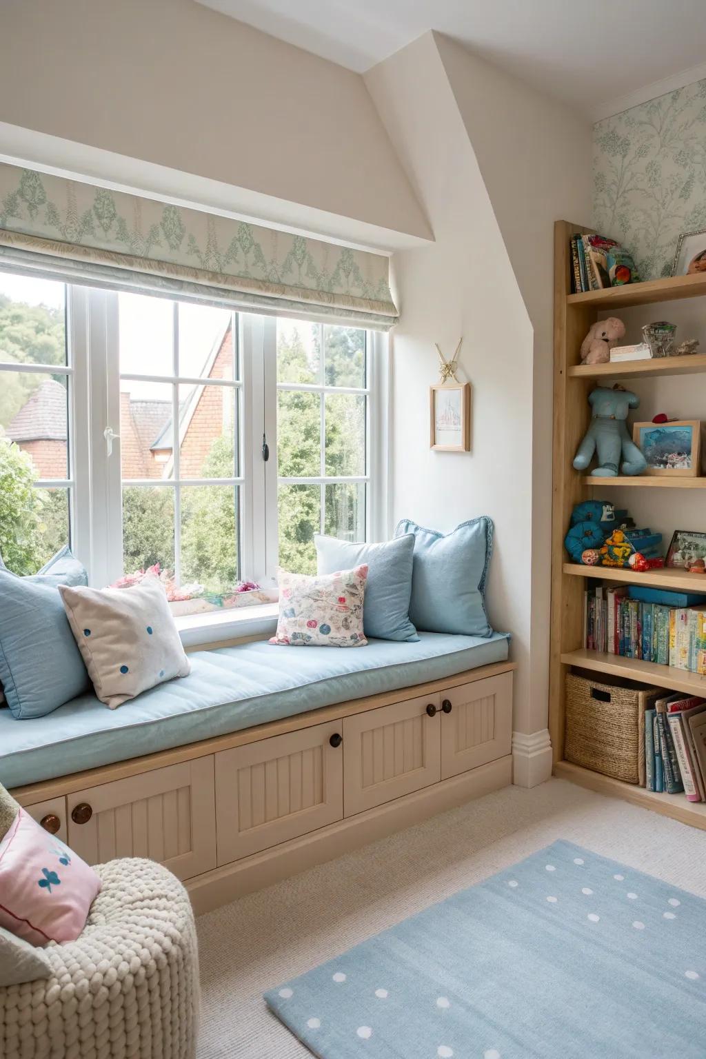 Create a serene spot with a cozy window seat perfect for daydreams and stories. #WindowSeat #CozyNook 🌞