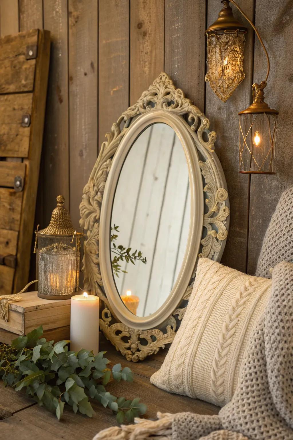 Capture the essence of the past with an antique mirror that adds elegance to rustic decor. 🕰️ #AntiqueCharm #RusticElegance