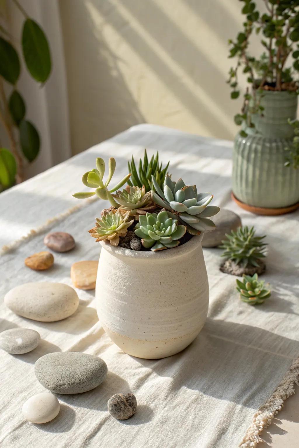 Effortlessly chic, faux succulents and stones create a serene spring display. 🌿 #Succulents #SpringStyle
