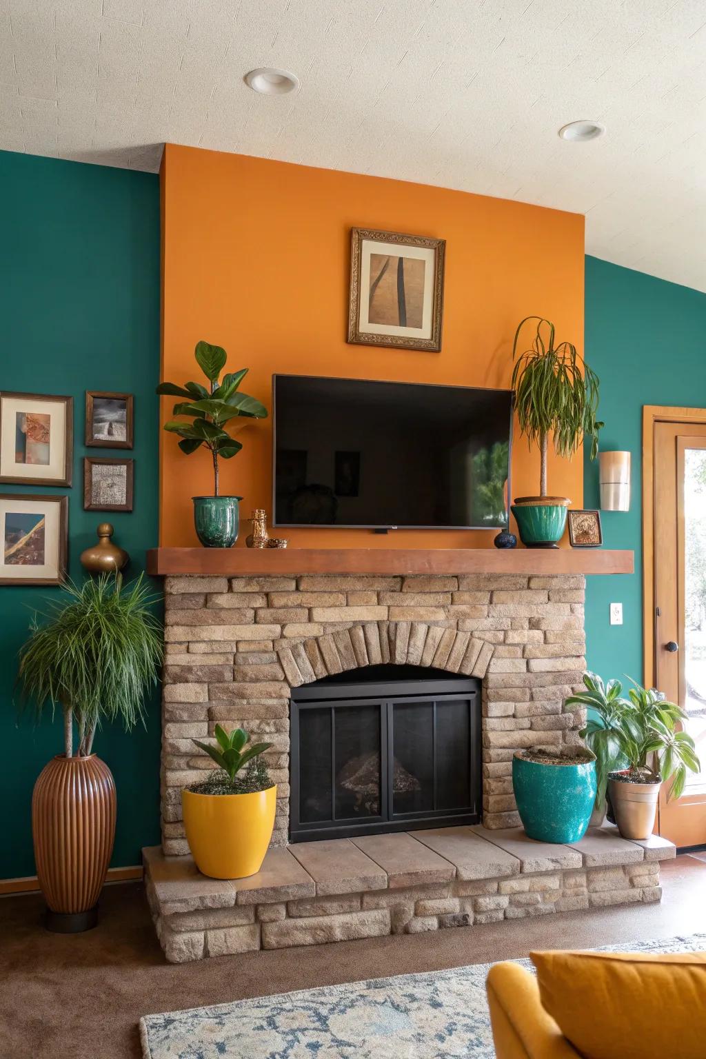 Stone and brick accents lend timeless charm to your TV and fireplace area. 🧱🔥 #TimelessDesign #CozyLiving
