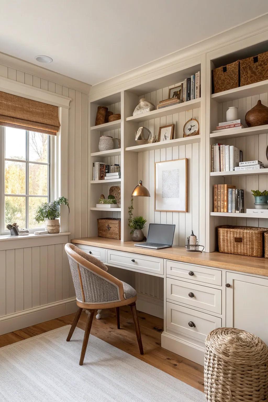 Create a seamless look by integrating wainscoting with built-ins. 📚 #SeamlessDesign #BuiltIns