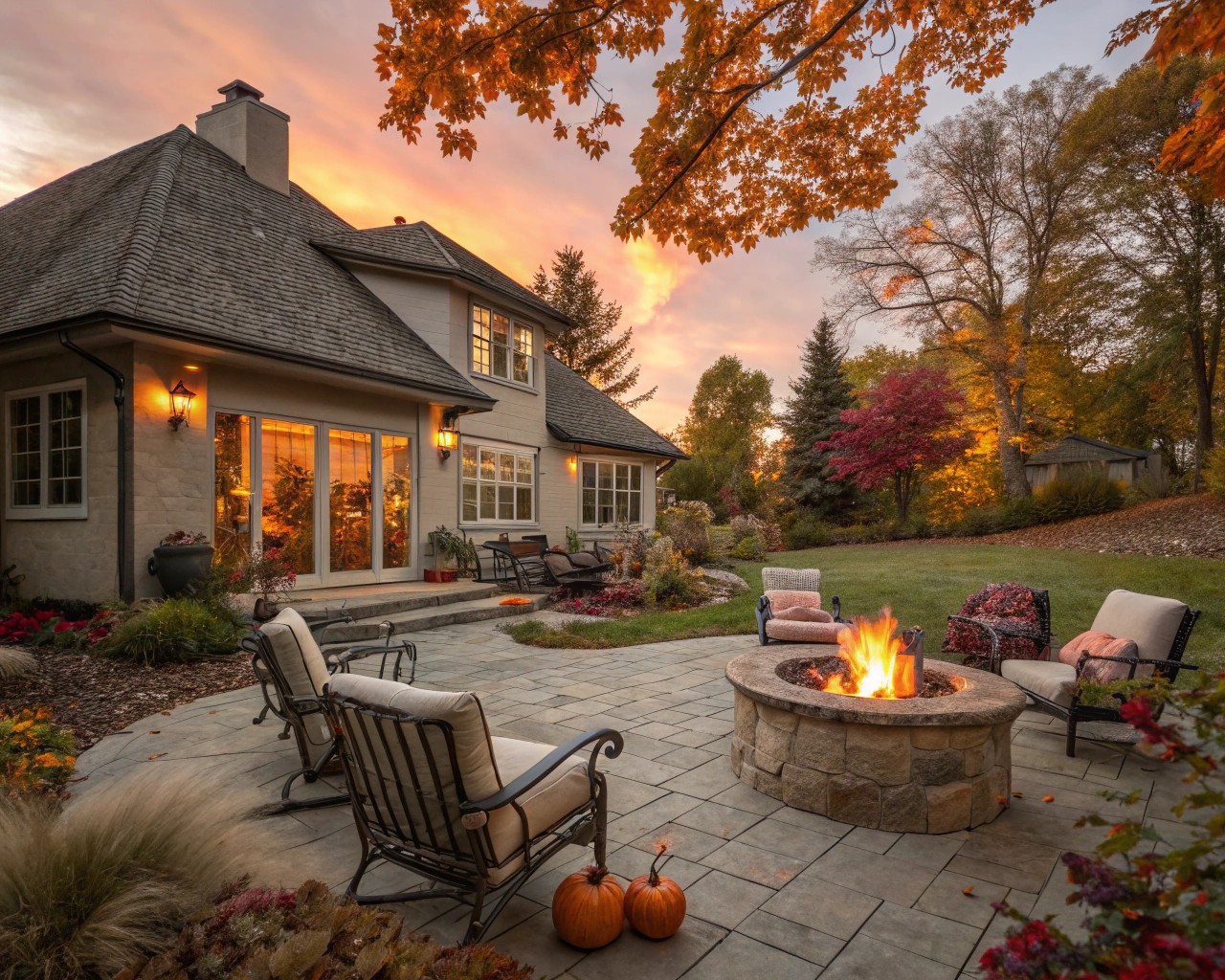Visualizing seasonal transformations in a residential patio, from spring to winter.