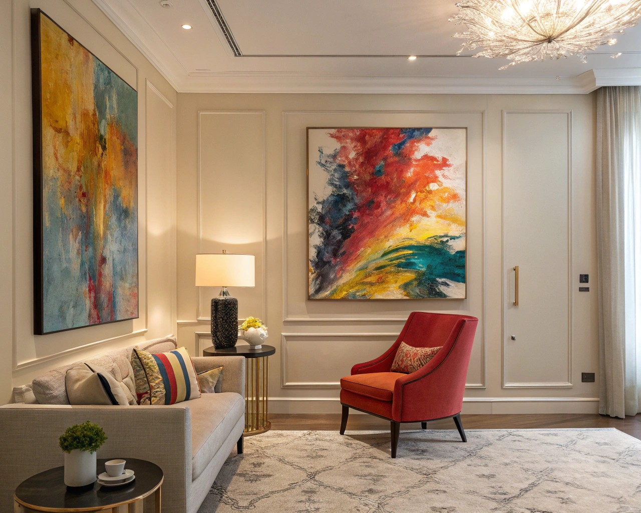 A large-scale art piece can transform a neutral space, creating a focal point and adding personality.