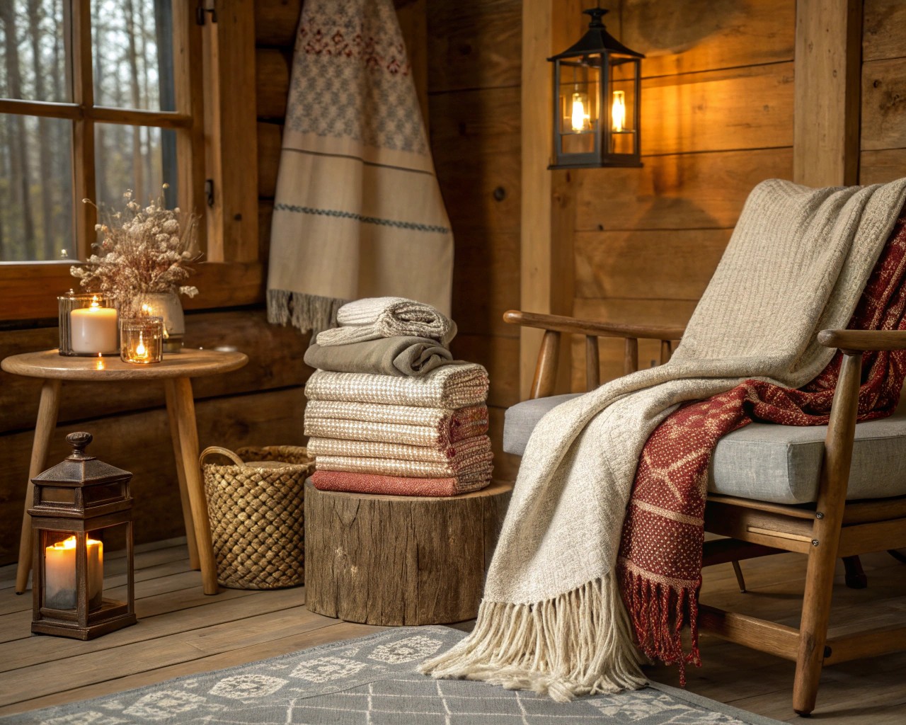 A warm interior that uses wood, natural fibers, and stone to create a cozy atmosphere.
