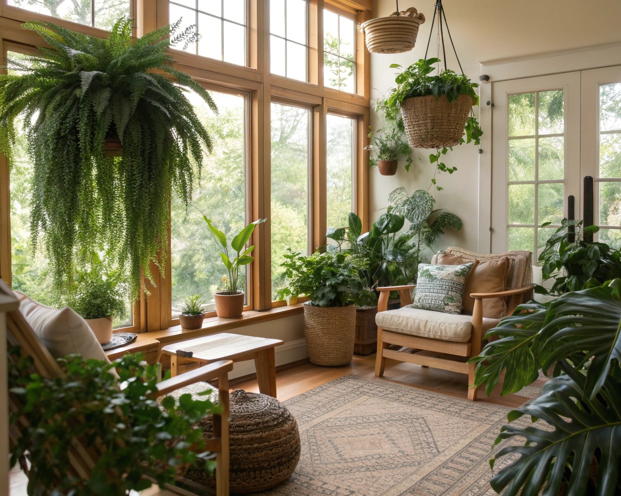 Acoustic comfort is achieved through soft materials and plants, creating a pleasant auditory experience.