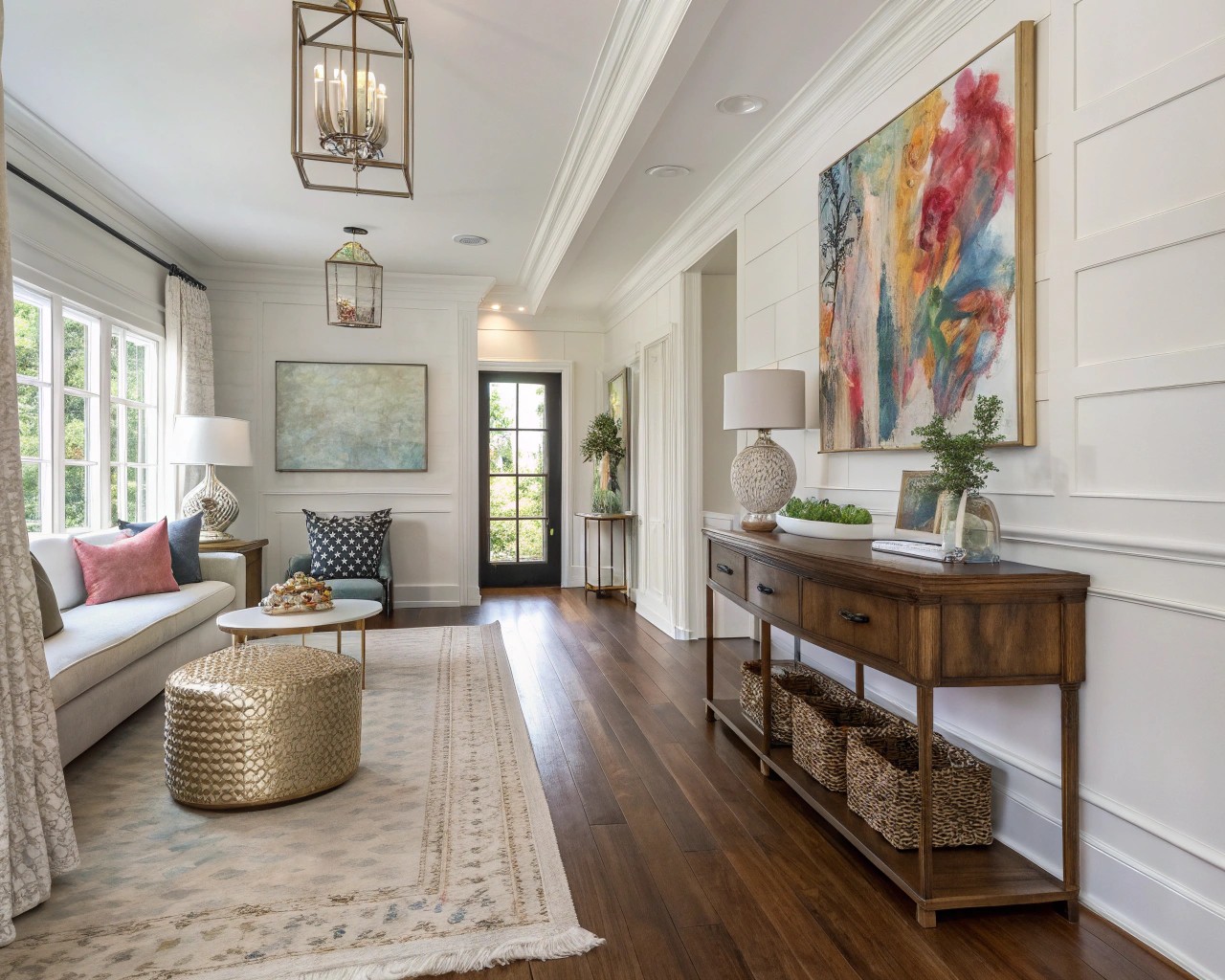 An example of a balanced interior using proportional material layering.