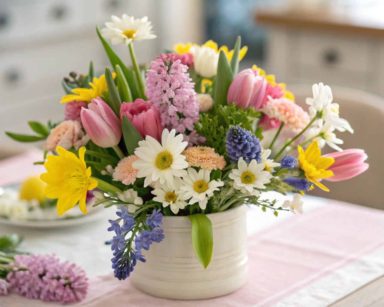 Embrace the freshness of spring with delicate blooms and pastel colors in your centerpiece.