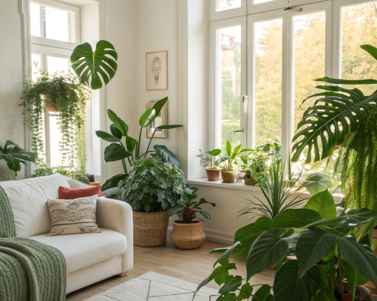 Incorporating plants introduces dynamic colors and benefits from the biophilic design, enhancing well-being.