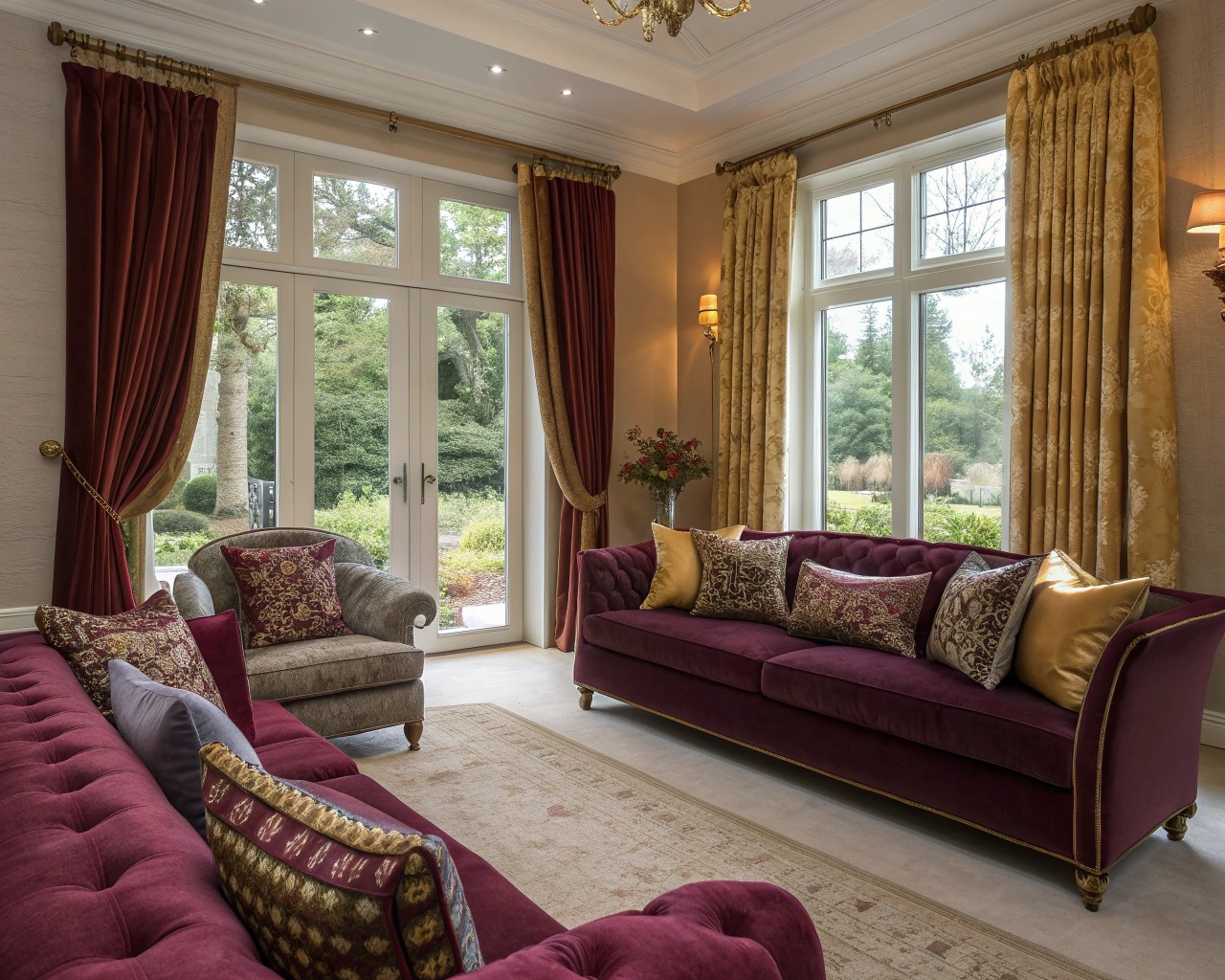 Luxurious textiles enhance the room's elegance, featuring high-quality drapes and upholstery.